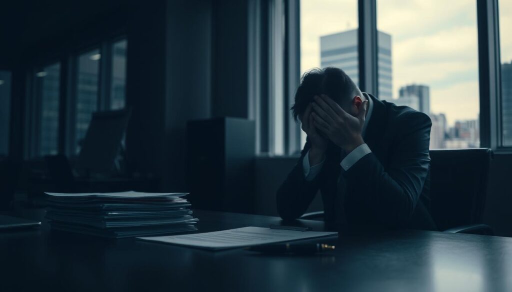 A corporate office interior, dimly lit with a somber, tense atmosphere. In the foreground, a businessperson sits at a desk, head in hands, conveying a sense of regret and uncertainty. The middle ground features a stack of documents and a pen, symbolizing the legal and professional implications of reneging on a job offer. In the background, a blurred cityscape outside the window, suggesting the broader career and reputation consequences. The lighting is low-key, casting long shadows to heighten the mood of risk and unease. The camera angle is angled slightly upward, emphasizing the weight of the situation on the subject.
