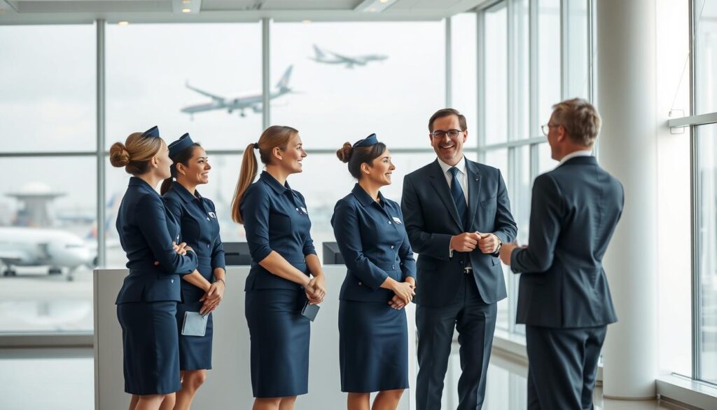 A corporate office interior, with a bright, airy atmosphere. In the foreground, a group of flight attendants in crisp, navy blue uniforms stand together, engaged in conversation. The middle ground features a reception desk, where a smiling steward in a sharp suit interacts with a passenger. In the background, large windows offer a view of a bustling airport terminal, planes taking off and landing. Soft, diffused lighting creates a professional, yet welcoming ambiance. The scene conveys the diverse employment opportunities and collaborative nature of the airline industry.