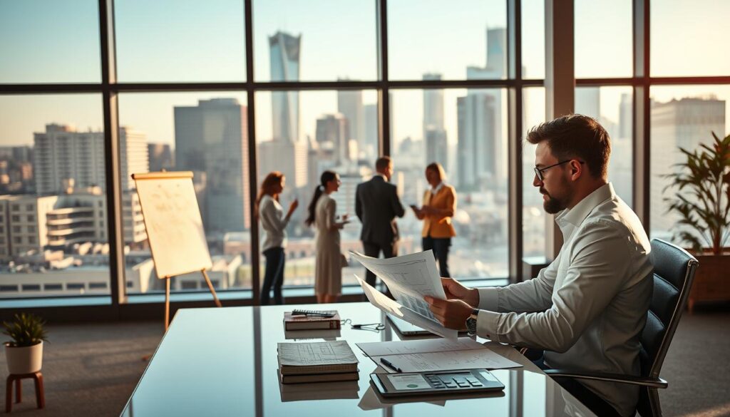 A corporate office interior with a large window overlooking a modern city skyline. In the foreground, a professional project manager sits at a sleek desk, reviewing documents and discussing plans with colleagues. The lighting is warm and natural, casting a productive glow across the scene. In the middle ground, a team of professionals collaborate on a project, using digital whiteboards and laptops. The background features shelves of reference materials and framed certifications, hinting at the manager's extensive experience and qualifications. The overall atmosphere conveys a sense of dynamic, collaborative progress towards ambitious goals.
