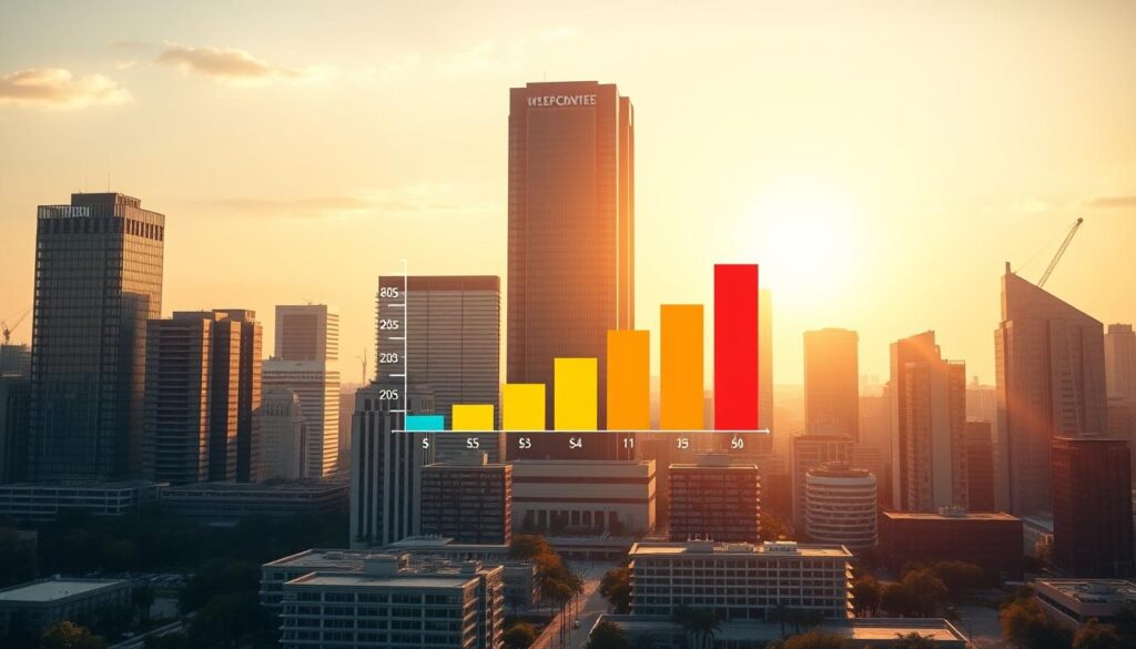 A corporate office landscape, with a towering skyscraper representing a large enterprise in the background, and smaller, more modest buildings symbolizing smaller companies in the foreground. The scene is bathed in warm, golden lighting, conveying a sense of prosperity and success. In the center, a visual graph or chart illustrates the relationship between company size and employee compensation, with varying salary levels depicted through a color-coded gradient. The overall composition should evoke a sense of the corporate world and the nuanced connections between organizational scale and individual earning potential.