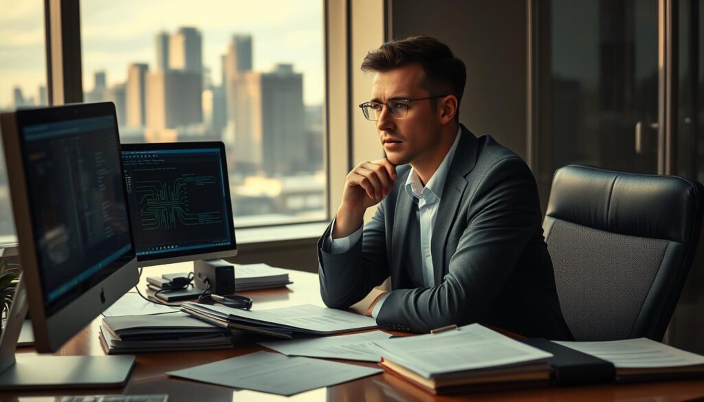 A corporate office setting with a person sitting at a desk, deep in thought, surrounded by digital screens, files, and notes. The lighting is soft and warm, creating a contemplative atmosphere. The person's expression conveys a sense of focus and determination as they navigate the complexities of their career transition. In the background, a city skyline can be seen through the window, suggesting the broader context of the career change. The overall scene captures the careful management of information and strategy required during the job search process.