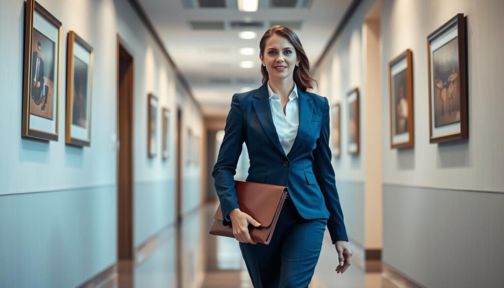 A corporate office setting with a professional woman dressed in a crisp, navy blue suit confidently striding down a clean, well-lit hallway. She holds a leather portfolio, her expression focused and determined. The hallway walls are adorned with framed artwork, conveying an atmosphere of prestige and success. Soft, directional lighting casts subtle shadows, highlighting her confident posture. The scene evokes a sense of ambition, progression, and the empowered career trajectory of a dedicated administrative professional.