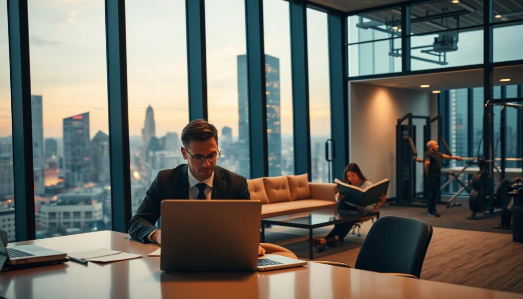 A corporate office with large windows overlooking a bustling city skyline. In the foreground, a professional-looking person sits at a desk, laptop open, deep in thought. The middle ground shows a cozy lounge area with a plush sofa and coffee table, where another person is relaxing with a book. The background reveals a small gym with exercise equipment, indicating a healthy work-life balance. Soft, warm lighting filters through the space, creating a serene atmosphere. The scene conveys a sense of harmony between the demands of work and personal well-being.