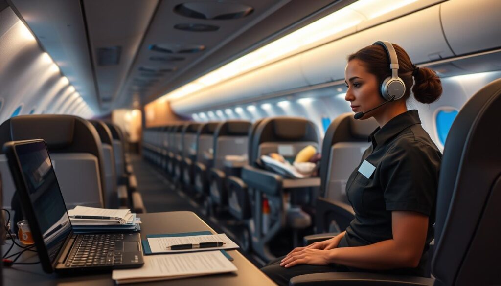 A cozy airline cabin with soft ambient lighting, showcasing the neat and orderly workspace of a flight attendant. In the foreground, a tidy desk with a laptop, headset, and neatly organized paperwork. In the middle ground, a plush ergonomic chair and a rolling cart filled with refreshments and in-flight supplies. The background features rows of comfortable passenger seats, with overhead compartments and dim cabin lighting, conveying a sense of tranquility and efficiency. The overall atmosphere is professional, welcoming, and tailored to the needs of the flight attendant's critical role in ensuring passenger comfort and safety.