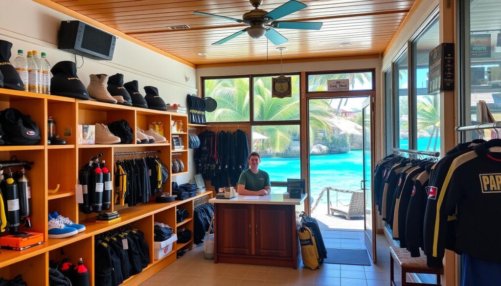A cozy and inviting diving shop nestled in a coastal town, with a large storefront window showcasing an array of diving gear and equipment. The interior is well-lit, with warm wooden accents and shelves stocked with scuba tanks, wetsuits, and other essential dive accessories. In the center, a reception desk is manned by a friendly instructor, ready to assist customers and provide information about upcoming dive trips and certification courses. Through the open doorway, glimpses of the pristine turquoise waters and lush tropical foliage can be seen, enticing visitors to explore the underwater world. The overall atmosphere evokes a sense of adventure, exploration, and the thrill of discovering the hidden depths of the ocean.