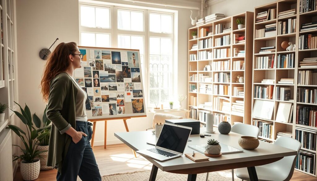 A cozy and inviting interior design studio, with soft natural lighting streaming through large windows. In the foreground, a young professional, dressed in a stylish yet practical outfit, stands before a mood board overflowing with fabric swatches, color palettes, and inspirational images. The middle ground features a sleek and modern desk, adorned with a laptop, sketchpad, and various design tools. In the background, rows of bookshelves filled with design references, magazines, and decorative accents create a sense of expertise and knowledge. The overall atmosphere conveys the passion, creativity, and attention to detail required to become a successful interior coordinator.