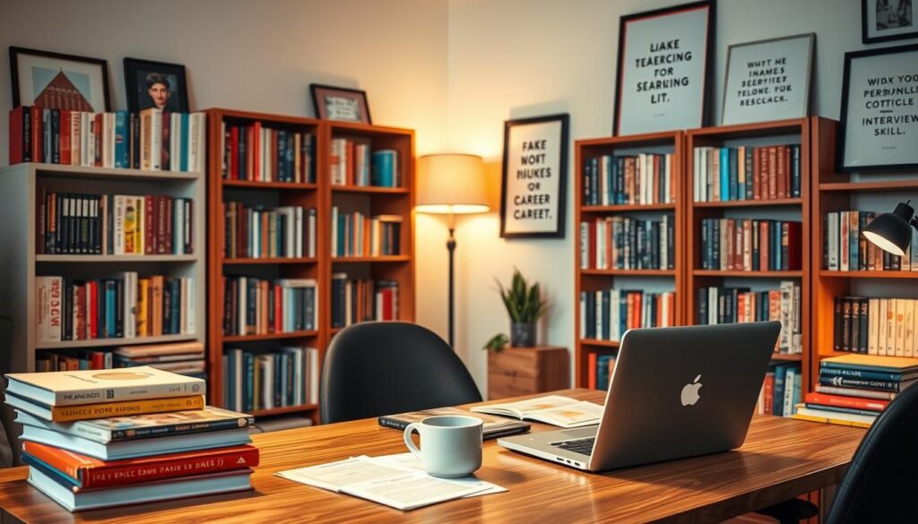 A cozy and inviting workspace filled with resources for a 50-year-old woman's career transition. In the foreground, a well-organized desk features a laptop, a stack of career guides, and a mug of hot tea. In the middle ground, bookcases line the walls, filled with books on job searching, personal branding, and interview skills. Warm lighting from a floor lamp creates a soft, focused atmosphere, while framed artwork and inspirational quotes decorate the walls, conveying a sense of motivation and positivity. The overall scene radiates a sense of empowerment and support for the 50-year-old woman embarking on a new professional path.