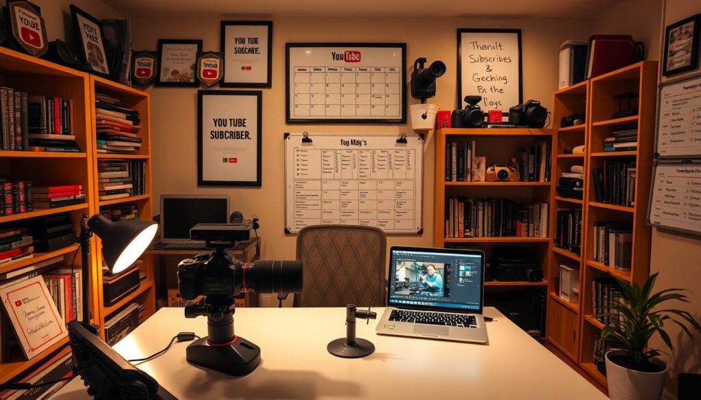 A cozy and organized home office, filled with the tools of a YouTuber's trade. In the foreground, a well-lit desk showcases a high-end camera, a microphone, and a laptop displaying video editing software. Behind it, floor-to-ceiling bookshelves hold an assortment of books, cameras, and other equipment. The walls are adorned with framed YouTube subscriber plaques, motivational posters, and a whiteboard displaying a detailed weekly schedule. Warm, indirect lighting creates a productive and focused atmosphere, while a comfortable office chair and a potted plant add a touch of personal style. The room's overall design reflects the YouTuber's passion for their craft and their dedication to maintaining a well-organized and efficient workflow.