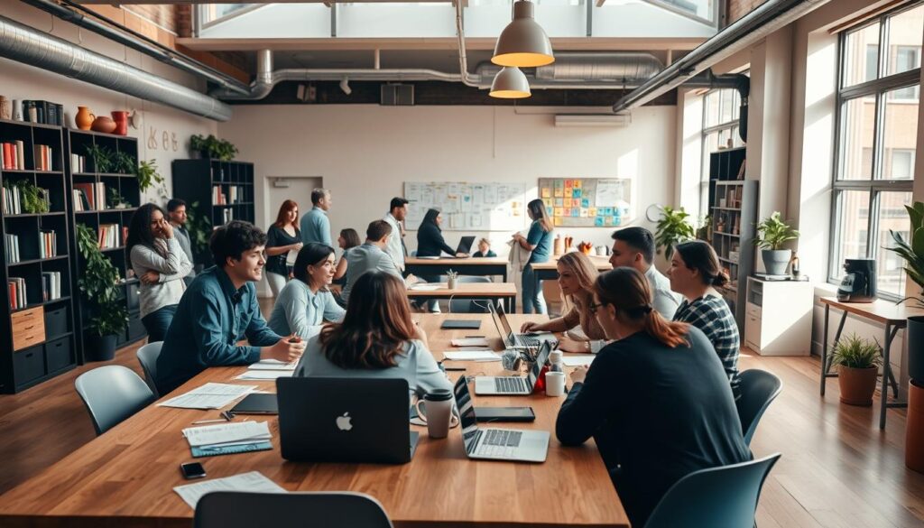 A cozy and vibrant workspace within a non-profit organization, with an open-concept layout and collaborative energy. The foreground features a group of diverse colleagues engaged in animated discussions around a large wooden table, laptops and documents scattered across the surface. Soft, natural lighting filters in through large windows, casting a warm glow over the scene. In the middle ground, smaller clusters of employees brainstorm ideas, while the background reveals a lively activity board, bookshelves, and a communal coffee station. An atmosphere of purpose, teamwork, and a shared commitment to making a positive impact permeates the space.