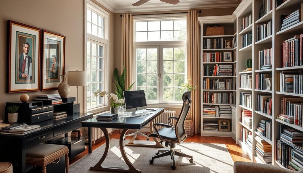 A cozy and well-appointed home office, showcasing the lucrative career of an experienced interior designer. Sunlight streams through large windows, illuminating a spacious desk, plush ergonomic chair, and an array of design tools and samples. Tasteful artwork adorns the walls, reflecting the designer's keen aesthetic sense. Bookshelves brimming with design references and inspirational materials create an atmosphere of refined professionalism. The room emanates a sense of creativity and financial success, capturing the reality of an interior designer's elevated income and lifestyle.