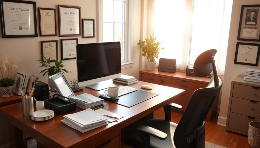 A cozy and well-appointed home office, with a large wooden desk, a comfortable ergonomic chair, and a sleek desktop computer setup. Sunlight streams in through a large window, casting a warm glow on the space. On the desk, there are various office supplies, a cup of coffee, and a stack of financial documents, hinting at the professional nature of the occupant's work. The walls are adorned with framed diplomas and certifications, emphasizing the education and expertise of the therapist. The overall atmosphere conveys a sense of productivity, success, and a commitment to providing high-quality care to clients.