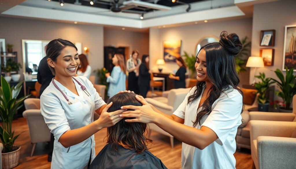 A cozy beauty salon interior, softly lit with warm lighting. In the foreground, a smiling beautician assists a customer, demonstrating a relaxing scalp massage. In the middle ground, other staff members engage in friendly conversations with clients, offering refreshments. The background features inviting waiting areas with plush seating, potted plants, and soothing artwork on the walls, creating an atmosphere of comfort and pampering. The overall scene conveys a sense of professionalism, care, and the exceptional benefits that beauty professionals enjoy as part of their rewarding career.