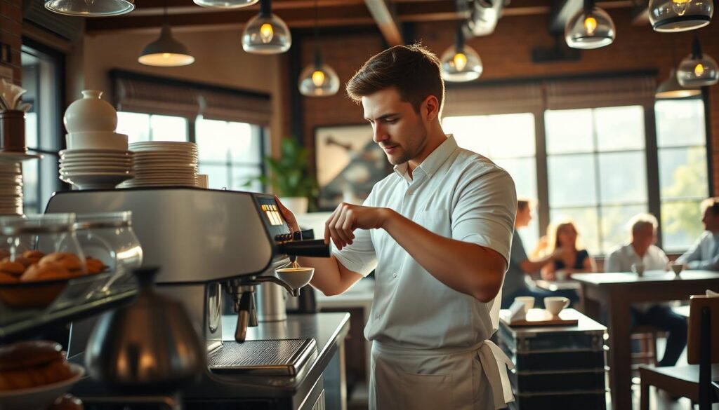 A cozy café in the morning light, a barista behind the counter meticulously preparing a latte. Sunlight filters through the large windows, casting a warm glow on the sleek espresso machine and the array of pastries on display. The barista, clad in a crisp white apron, moves with practiced efficiency, grinding beans, steaming milk, and carefully pouring the perfect shot of espresso. In the background, patrons converse quietly, the sound of clinking cups and gentle jazz music creating a soothing ambiance. The barista's expression is one of focused concentration, their hands moving with the grace of an artist, as they craft the perfect cup of coffee to start the day.
