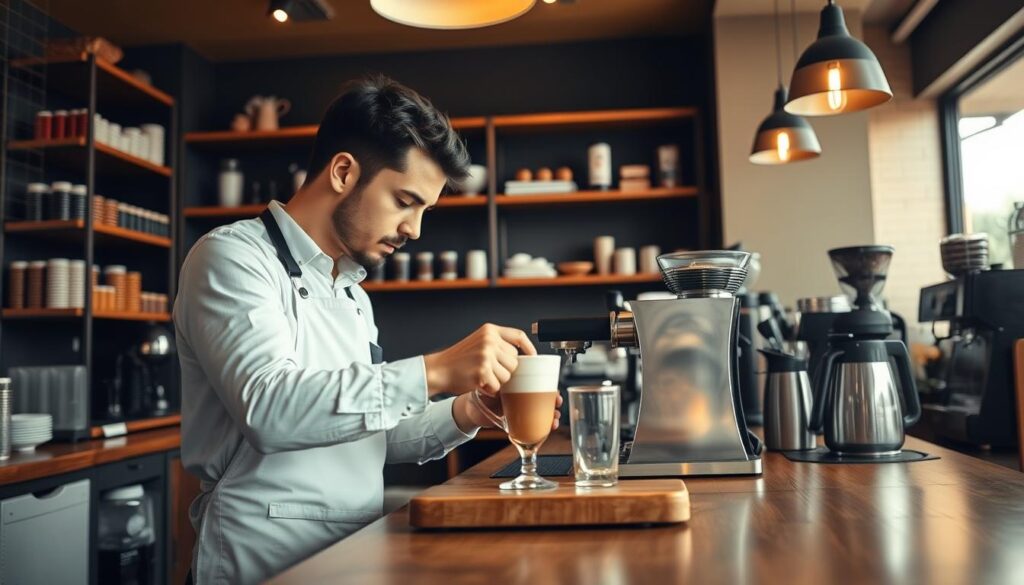 A cozy café interior with warm lighting and a focus on a wooden countertop where a skilled barista is expertly crafting a latte. The barista is wearing a crisp white apron and is intently observing the process, showcasing their dedication and precision. In the background, there are shelves displaying various coffee equipment and beans, suggesting the breadth of knowledge required to become a proficient barista. The overall scene conveys the passion, attention to detail, and technical expertise needed to excel in this profession.