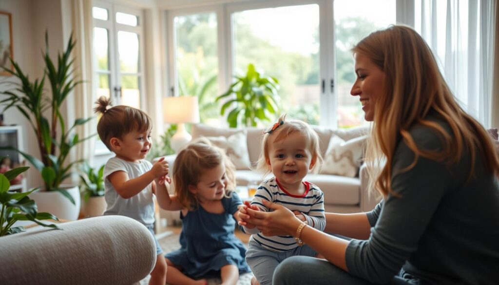 A cozy domestic scene, showcasing the joys and benefits of being a nanny. In the foreground, a smiling nanny engages playfully with two well-behaved children, their faces lit by the warm glow of natural light filtering through a large window. The middle ground features a tidy, well-appointed living room, with plush furnishings and vibrant plants, creating a nurturing and comfortable atmosphere. In the background, a picturesque garden view adds a sense of serenity and tranquility. The overall mood is one of contentment, fulfillment, and the rewarding experience of caring for and enriching the lives of children.