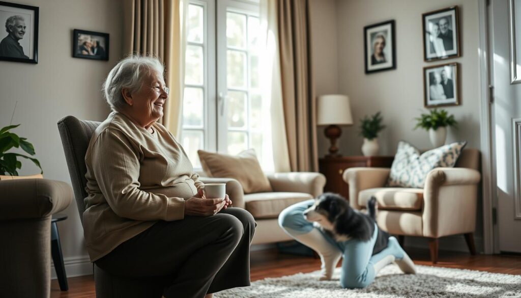 A cozy home interior with a friendly elderly person being assisted by a smiling home health aide. The aide is kneeling next to the elderly person's chair, holding their hand and offering a warm cup of tea. Soft natural lighting filters through a nearby window, creating a comforting atmosphere. The room is furnished with comfortable chairs, a plush area rug, and framed family photos on the walls, conveying a sense of care and companionship. The home helper's uniform is neat and professional, and they exhibit a calm, nurturing demeanor. The elderly person appears content and well-cared for, reflecting the attentive and supportive nature of the home health aide's work.
