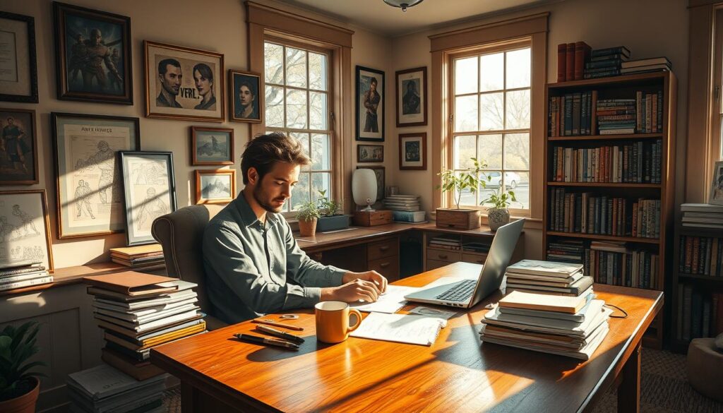 A cozy home office, bathed in warm, natural light filtering through large windows. A game writer sits at a sturdy, wooden desk, surrounded by stacks of notes, laptop, and a cup of steaming coffee. Framed concept art and character sketches adorn the walls, while a bookshelf in the corner houses volumes on game design, storytelling, and industry insights. The writer's face is focused, their fingers dancing across the keyboard, weaving intricate narratives and captivating dialogue. The atmosphere is one of creative flow, where ideas come to life through the writer's craft.