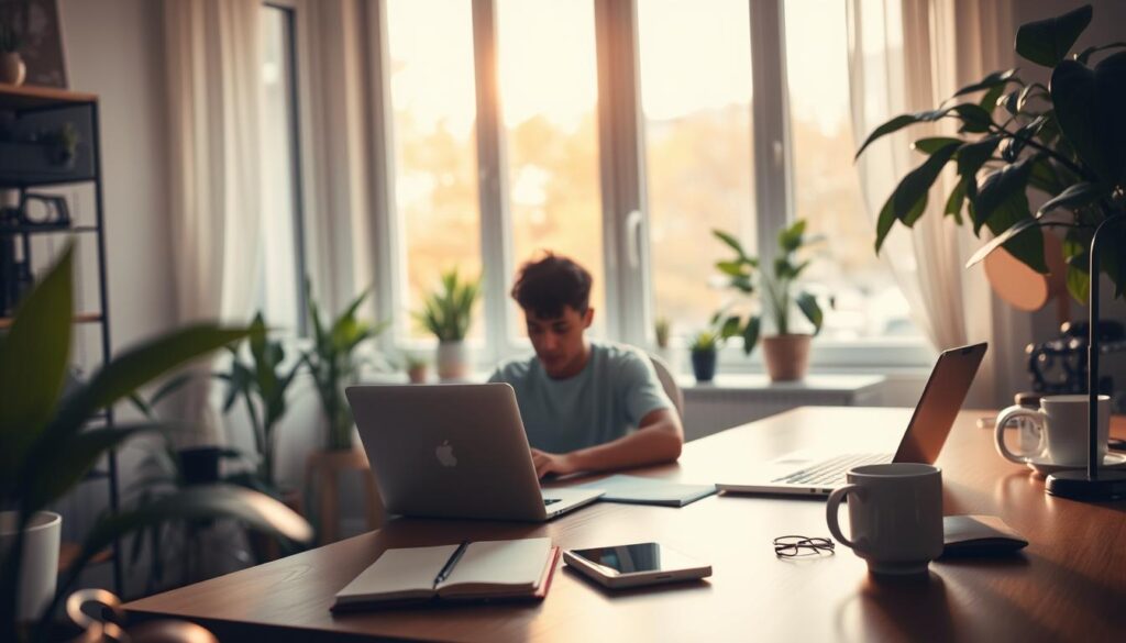 A cozy home office setting, with a person sitting at a neatly organized desk, surrounded by plants and warm natural light filtering through large windows. The figure appears relaxed, engaged with their laptop, a mug of steaming coffee nearby. Soft ambient music plays in the background, creating a calming atmosphere. On the desk, a phone and a notebook suggest the person is taking a break from their job search activities, finding solace in this peaceful workspace. The overall mood conveys a sense of introspection and self-care, helping the individual overcome the loneliness of the job hunt.