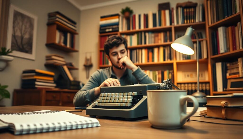 A cozy home office, softly lit by a desk lamp, where an aspiring writer sits deep in thought, fingers poised over a vintage typewriter. Bookshelves line the walls, filled with tomes on the craft of writing. The atmosphere is contemplative, with a sense of focus and determination. In the foreground, a mug of steaming coffee and a spiral notebook, hinting at the writer's creative process. The scene evokes the journey of becoming a professional copywriter, from the initial spark of inspiration to the disciplined practice of honing one's skills.