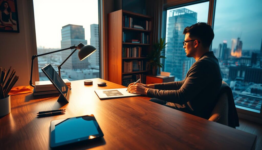 A cozy home office with a freelance designer working at a sleek, modern desk. Warm, directional lighting illuminates the scene, casting soft shadows across the wooden surfaces. In the foreground, a tablet and stylus lie ready for digital sketching. The middle ground features a bookshelf filled with design references and inspiration. In the background, large windows offer a view of a bustling cityscape, hinting at the designer's connection to the urban creative community. The atmosphere conveys a sense of focused productivity and artistic passion.