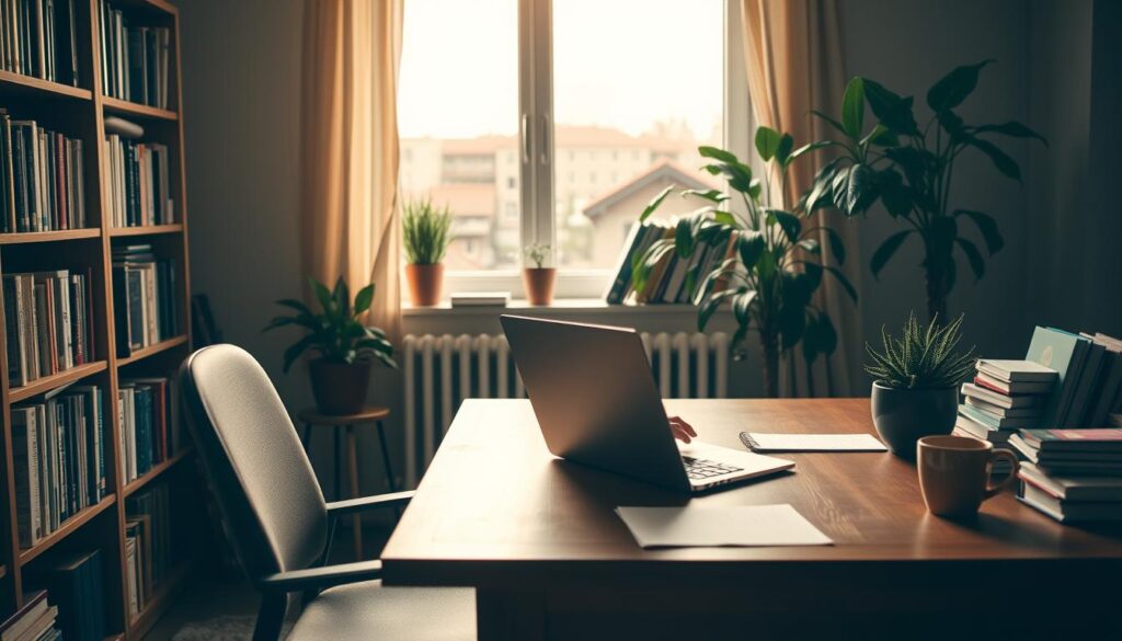 A cozy home office with a freelance writer working diligently at a wooden desk, surrounded by a bookshelf filled with reference materials, a potted plant, and a warm, natural lighting filtering through a large window. The writer's hands are focused on a laptop, fingers tapping away as they research, draft, and edit content for their latest article. The atmosphere is one of quiet concentration, with a subtle sense of creativity and productivity permeating the space.