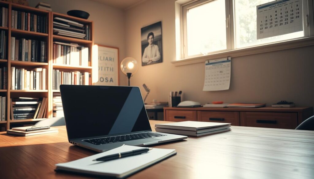 A cozy home office with a laptop, pen, and notebook on a wooden desk. Sunlight streams in through a large window, casting a warm glow on the scene. In the background, a bookshelf filled with reference materials and a wall calendar highlighting the calendar month. The room has a peaceful, contemplative atmosphere, reflecting the solitary nature of a freelance writer's work. The overall composition conveys a sense of productivity and financial stability associated with a successful freelance writing career.