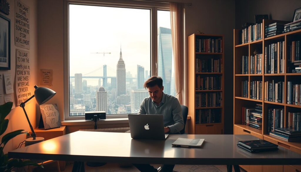 A cozy home office with a large window overlooking a bustling city skyline. In the foreground, a writer sits at a sleek, modern desk, deep in thought as they type away on a laptop. Soft, warm lighting illuminates the space, creating a contemplative atmosphere. The walls are adorned with inspirational quotes and sketches, hinting at the creative process. In the middle ground, bookshelves filled with volumes on screenwriting and story development suggest the depth of knowledge required. The background showcases the dynamic city, with skyscrapers and bridges in the distance, symbolizing the boundless opportunities and potential for a successful screenwriter's career.