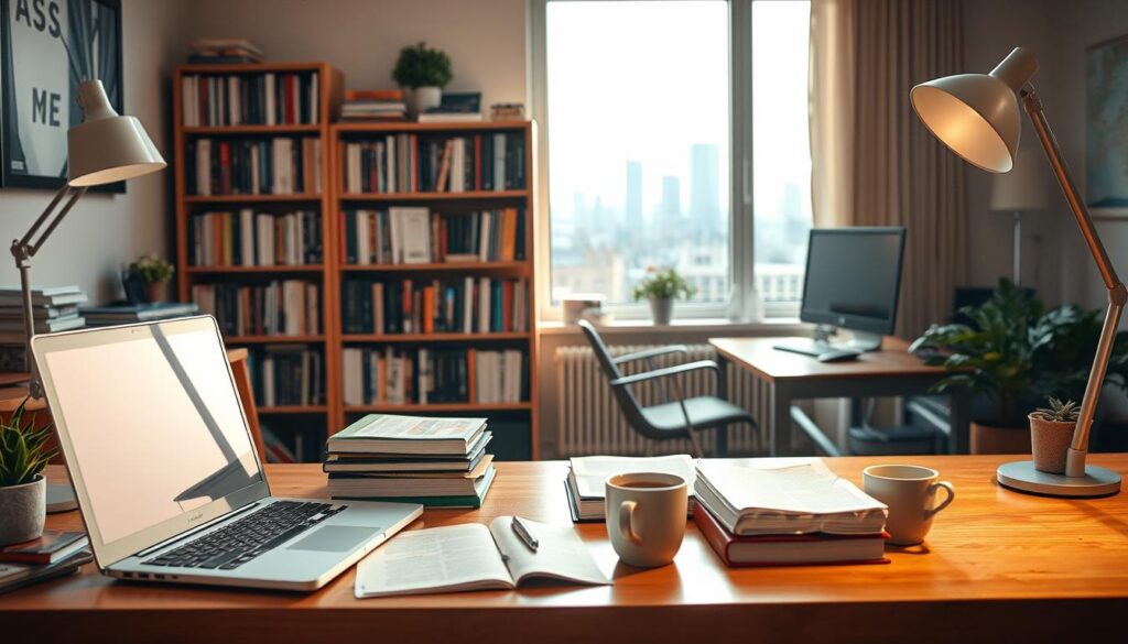A cozy home office with a warm, focused atmosphere. In the foreground, a desk with a laptop, a stack of books, and a cup of coffee, symbolizing the diligent work of a proofreader. In the middle ground, a bookshelf filled with reference materials, a computer monitor, and a magnifying glass, suggesting the meticulous attention to detail required. The background features a window overlooking a city skyline, hinting at the broader context and opportunities available to a seasoned proofreader. Soft lighting from a desk lamp and natural sunlight create a inviting, professional ambiance. The overall composition conveys the path from a novice to an experienced, respected proofreader.