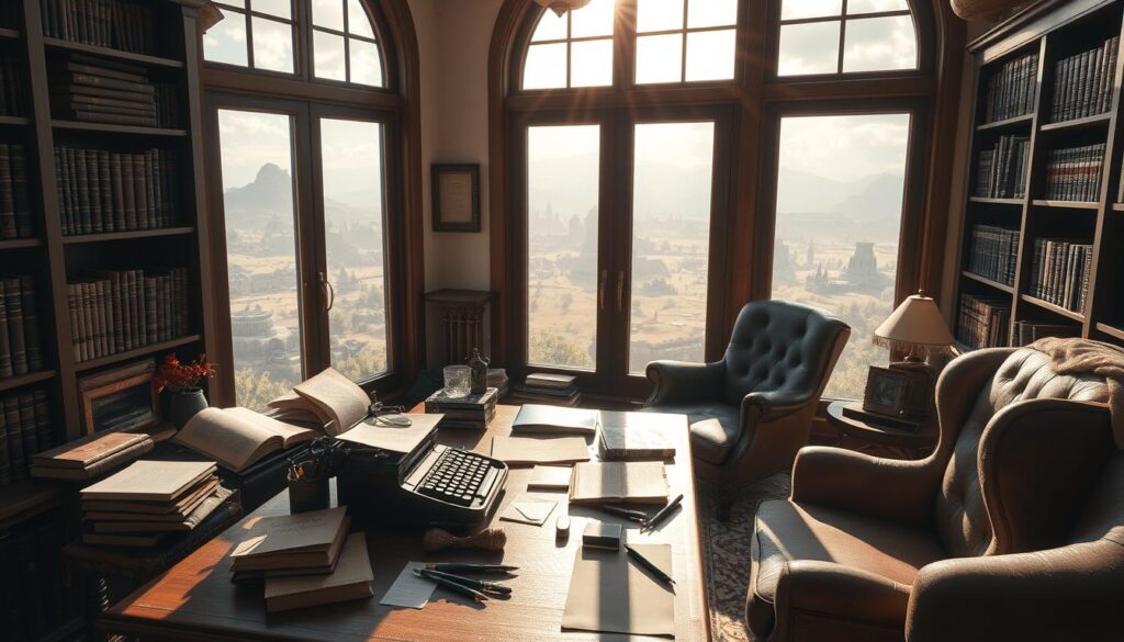A cozy home office with large windows overlooking a sprawling fantasy landscape. Sunlight filters in, casting a warm glow on the desk cluttered with notes, pens, and a vintage typewriter. Bookshelves line the walls, filled with leather-bound tomes. In the corner, a plush armchair invites the fantasy writer to sink in and let their imagination flow. The room has an air of quiet productivity, with a hint of magic in the air, as if the writer's words are imbued with the essence of the fantastical world they create.