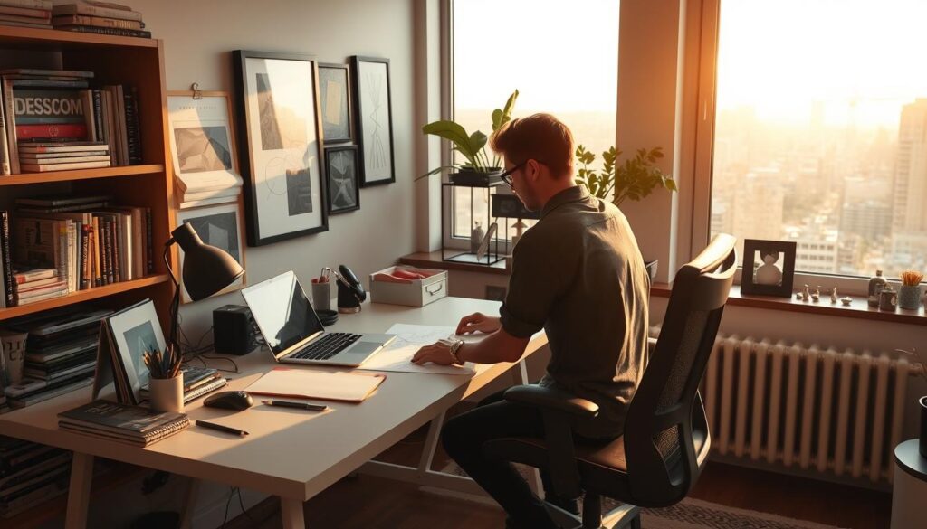 A cozy home office with natural lighting, a sleek desk, and a comfortable ergonomic chair. On the desk, a laptop, a sketchpad, and an array of design tools and equipment. A large window overlooking a bustling city skyline, with warm, golden sunlight filtering through. Shelves lining the walls, filled with design books, magazines, and inspiring art pieces. A sense of focus and creativity permeates the space, as the designer works diligently, immersed in their craft. The atmosphere is serene, yet energized, reflecting the dedication and passion of the individual who inhabits this workspace.