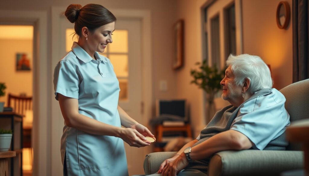 A cozy interior scene of a modest home, with a home helper tending to an elderly resident. The helper, clad in a clean, professional uniform, attentively assists the resident with daily tasks such as meal preparation, light housekeeping, and medication management. The warm lighting casts a soft glow, creating an atmosphere of care and comfort. The resident, seated comfortably in an armchair, appears relaxed and at ease, conveying the home helper's ability to provide personalized, compassionate support. The composition emphasizes the helper's role in maintaining the resident's independence and well-being within the familiar surroundings of their own home.