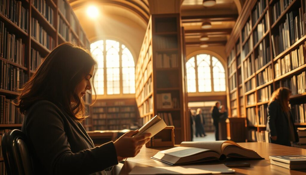 A cozy library interior bathed in warm, soft lighting. In the foreground, a librarian sits at her desk, her fingers gracefully flipping through a well-worn book. The middle ground reveals rows of towering bookshelves, their spines a symphony of colors and textures. Sunlight filters in through large windows, casting a serene, inviting glow across the space. The background hints at the library's broader collection, with patrons browsing the stacks, their faces alight with the thrill of discovery. The overall atmosphere conveys the profound sense of knowledge, tranquility, and service that defines the allure of the librarian's craft.