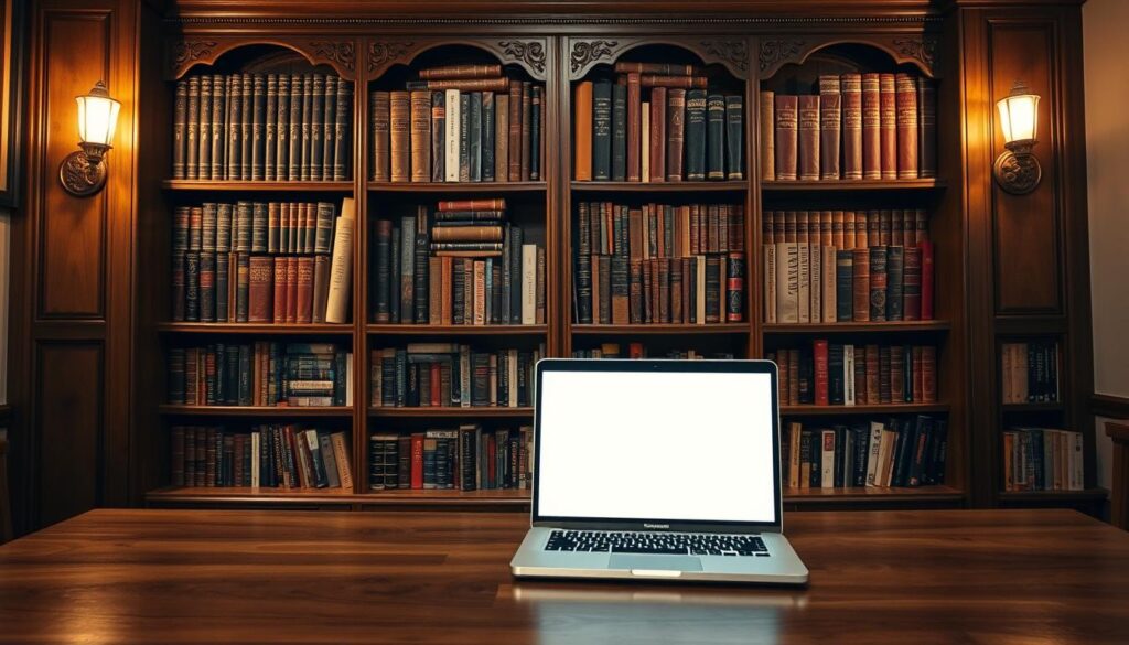 A cozy nook with an ornate wooden bookshelf, filled with a diverse array of books, from leather-bound tomes to modern paperbacks. In the foreground, a laptop rests on a sturdy wooden desk, its screen displaying a clean, minimalist website design. Warm, diffused lighting from sconces on the walls casts a gentle glow, creating a serene and contemplative atmosphere. The shelves are meticulously organized, suggesting a love of learning and a dedication to both traditional and digital resources. The scene evokes a sense of intellectual pursuit and the harmonious integration of print and digital media.