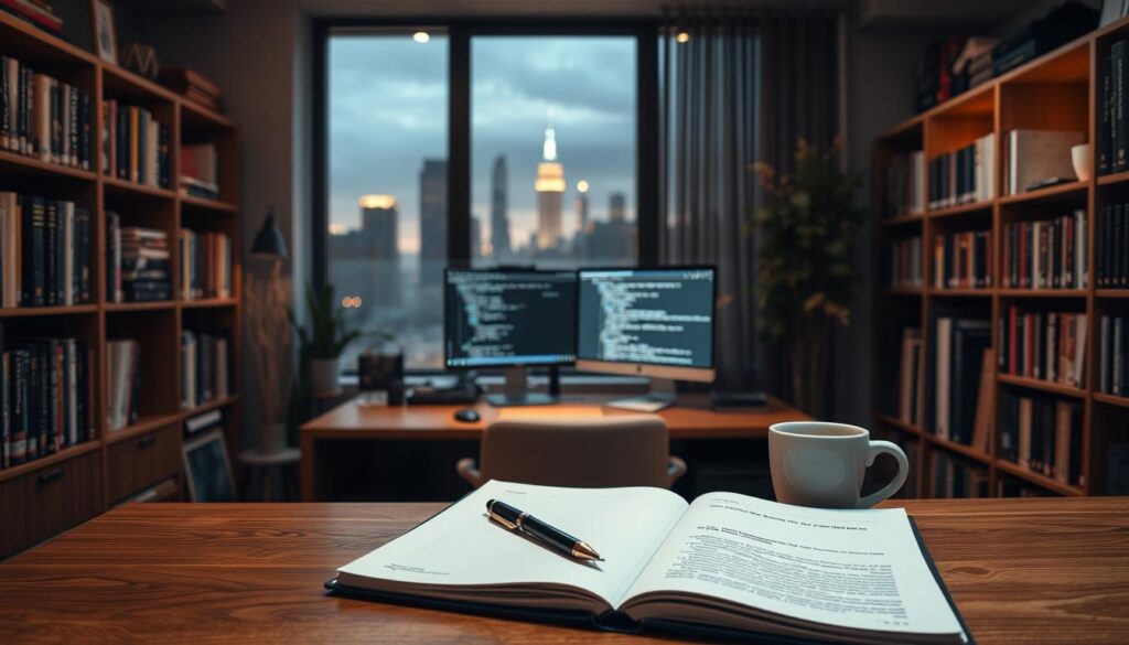 A cozy office interior, with a large wooden desk in the foreground. On the desk, an open notebook, a pen, and a cup of coffee. In the middle ground, a bookshelf filled with game development books and a monitor displaying lines of code. In the background, a large window overlooking a city skyline, bathed in warm, ambient lighting. The overall mood is one of focused productivity and creative inspiration, reflecting the multifaceted skills required of a game writer: storytelling, world-building, technical proficiency, and attention to detail.