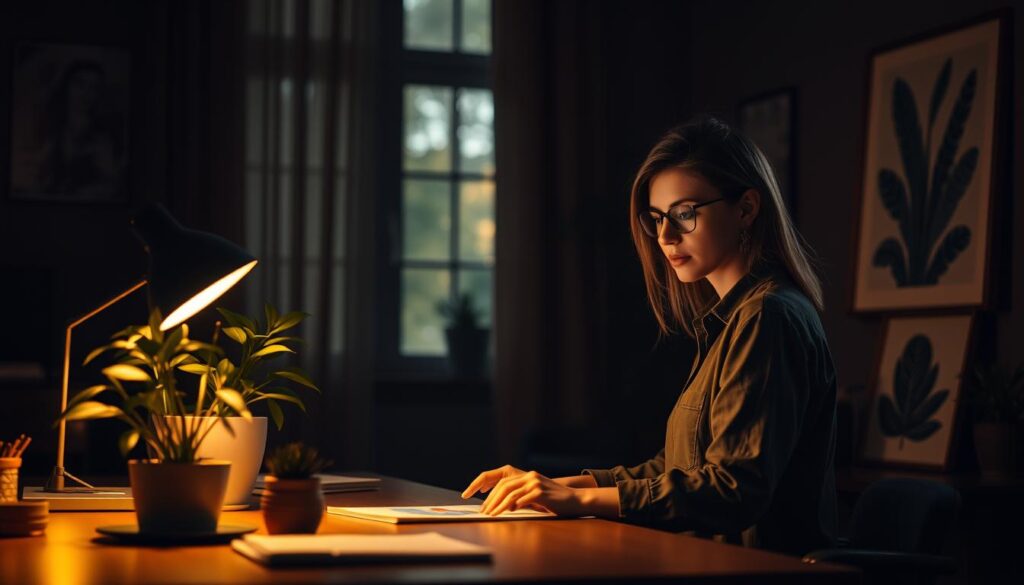 A cozy office setting, dimly lit with warm, golden light filtering through the windows. A designer sits at a desk, her expression one of focused determination as she works on a digital illustration. Nearby, a potted plant and a framed artwork lend a sense of personal investment and trust in the creative process. The atmosphere is one of quiet confidence, with the designer's expertise and client's faith in her abilities radiating through the scene. The composition is balanced, with the designer's figure occupying the central foreground and the supporting elements in the middle and background, creating a harmonious and inviting visual narrative.