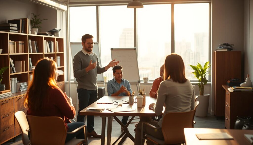 A cozy office setting with a table, chairs, and various office supplies. In the foreground, a facilitator stands, gesturing and engaging with a small group of people seated around the table. The lighting is warm and inviting, creating a collaborative atmosphere. The facilitator's body language conveys empathy, active listening, and the ability to guide the discussion. The middle ground features visual aids like a whiteboard or flipchart, highlighting the facilitator's skills in communication and organization. The background showcases a window with a cityscape, suggesting the facilitator's ability to think strategically and connect the discussion to the broader context. The overall scene captures the essential skills of a facilitator, including interpersonal, communication, and problem-solving abilities.