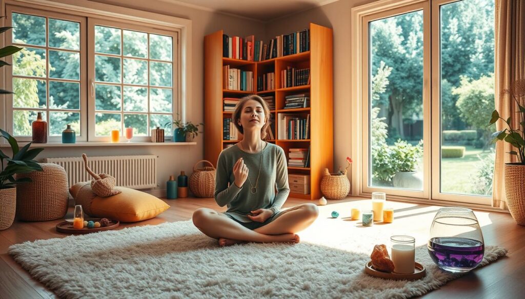 A cozy, softly lit room with warm, soothing tones. In the foreground, a person sits cross-legged on a plush rug, their eyes closed in deep contemplation. Colorful crystals, candles, and aromatherapy diffusers surround them, creating a calming, meditative atmosphere. The middle ground features a bookshelf filled with titles on color psychology, holistic healing, and mindfulness. In the background, a large window overlooks a serene garden, allowing natural light to filter in and enhancing the tranquil ambiance. The overall scene conveys the introspective, nurturing qualities of a color therapist, well-suited to guiding others towards inner balance and self-discovery.