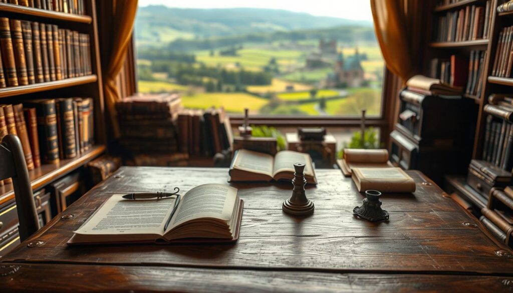 A cozy study filled with the trappings of a successful fantasy author's career. In the foreground, a large oak desk with an open notebook, quill, and inkwell, bathed in warm, ambient lighting. Lining the shelves behind it, leather-bound tomes and scrolls, representing the fruits of the author's labor. Through a window in the background, a lush, verdant landscape with rolling hills and a distant castle, hinting at the fantastical worlds the author has brought to life. The overall atmosphere is one of quiet contemplation and hard-earned prosperity, a visual embodiment of the rewards that can come from a thriving career in fantasy writing.