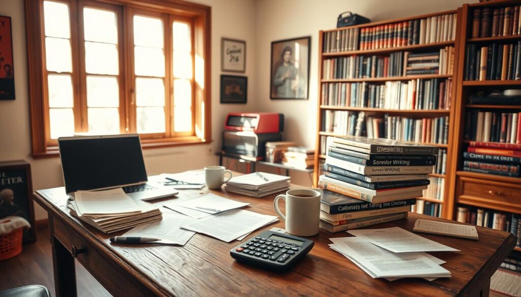 A cozy study with a well-worn wooden desk, stacked with scattered papers and a laptop. A large window floods the room with soft, natural light, casting a warm glow on the scene. On the desk, a calculator, a coffee mug, and a stack of books on screenwriting and storytelling techniques. In the background, a bookshelf filled with volumes on film, television, and creative writing. The atmosphere is contemplative, reflecting the introspective nature of the screenwriter's craft. The overall mood is one of quiet focus and intellectual engagement, capturing the essence of a screenwriter's professional life and the potential earnings associated with their work.