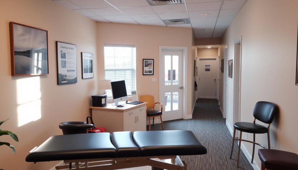 A cozy, well-equipped chiropractic clinic, with an inviting reception area and comfortable examination rooms. Soft, natural lighting filters in through large windows, creating a soothing ambiance. The walls are adorned with calming artwork and informational posters about various treatment methods. In the foreground, a modern, ergonomic treatment table stands ready for patients, while the middle ground features a neatly organized desk and computer setup for the chiropractor's documentation and patient records. In the background, a discreet hallway leads to additional treatment rooms, suggesting a well-organized, professional workspace dedicated to providing personalized, holistic care.
