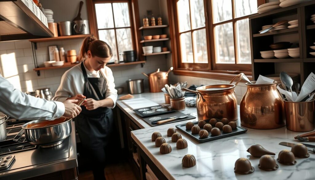 A cozy, well-equipped chocolaterie kitchen on a crisp morning. In the foreground, a chocolatier meticulously tempers chocolate, carefully monitoring the temperature. Nearby, freshly piped ganache-filled bonbons await finishing touches. In the middle ground, an array of copper pots and marble surfaces, along with an assortment of tools - spatulas, molds, and decorative stencils. Soft natural light filters in through large windows, casting a warm glow over the scene. The atmosphere is one of focused concentration and artisanal craftsmanship, as the chocolatier moves through their daily routine of creating delectable confections.
