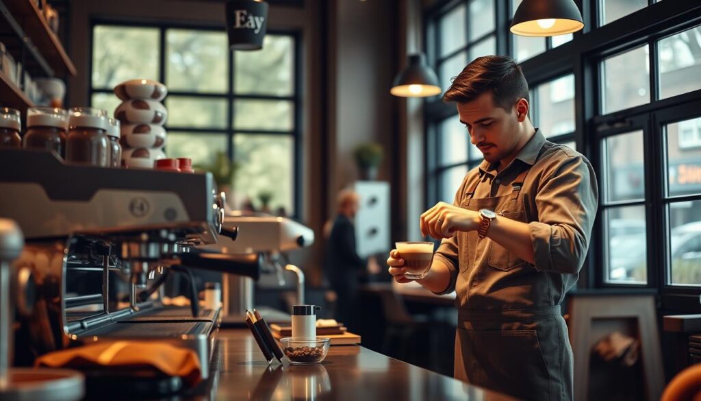 A cozy, well-lit café interior with a barista station in the foreground. Gleaming espresso machines, meticulously arranged coffee equipment, and fresh roasted beans in the background. The barista, dressed in a crisp apron, is carefully crafting a latte, their movements precise and graceful. Soft natural lighting filters through large windows, casting a warm glow over the scene. The overall atmosphere conveys professionalism, attention to detail, and a passion for coffee. The image highlights the specialized skills required to be an accomplished barista, from mastering coffee brewing techniques to providing exceptional customer service.