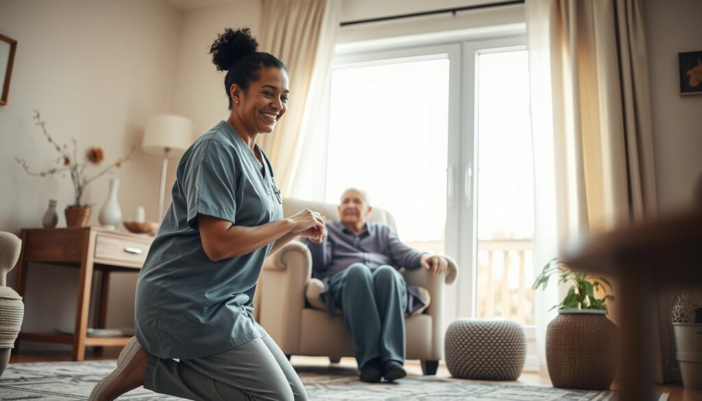 A cozy, well-lit home interior with a focus on a hardworking home health aide assisting an elderly patient. The aide is kneeling next to a comfortable armchair, holding the patient's hand and offering a gentle, compassionate expression. The room is filled with natural light from a large window, casting a warm, comforting glow. The décor features muted, calming tones, with simple furnishings and decorative elements that create a serene, inviting atmosphere. The overall scene conveys a sense of care, empathy, and the dedication required in the daily work of a home health aide.