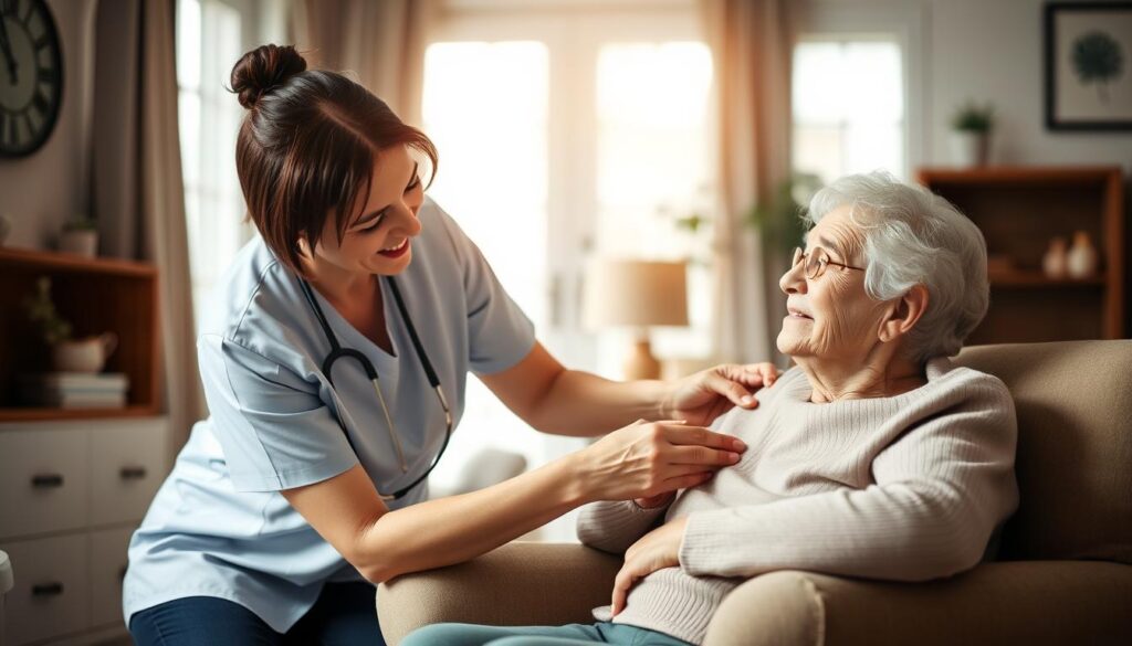 A cozy, well-lit home interior with a senior adult sitting comfortably on a chair, being assisted by a compassionate caregiver. The caregiver is helping the elderly person with daily tasks, such as grooming or meal preparation, showcasing the warm and supportive nature of in-home care. The scene conveys a sense of trust, dignity, and the caregiver's dedication to enhancing the client's quality of life. Soft, natural lighting filters through the windows, creating a calming atmosphere. The composition emphasizes the interpersonal connection between the caregiver and care recipient, highlighting the core essence of the home-based care profession.
