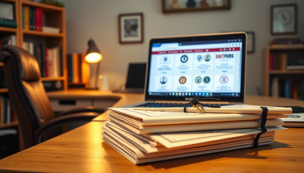 A cozy, well-lit home office setting with a desk, chair, and shelves filled with educational materials. On the desk, a laptop displays a webpage showcasing various professional certifications obtained through distance learning courses. In the foreground, a stack of certificates and diplomas with official seals and logos, representing the diverse range of accredited credentials one can earn through comprehensive distance education programs. The lighting is warm and inviting, creating a productive and scholarly atmosphere, emphasizing the value and legitimacy of these distance-acquired qualifications.