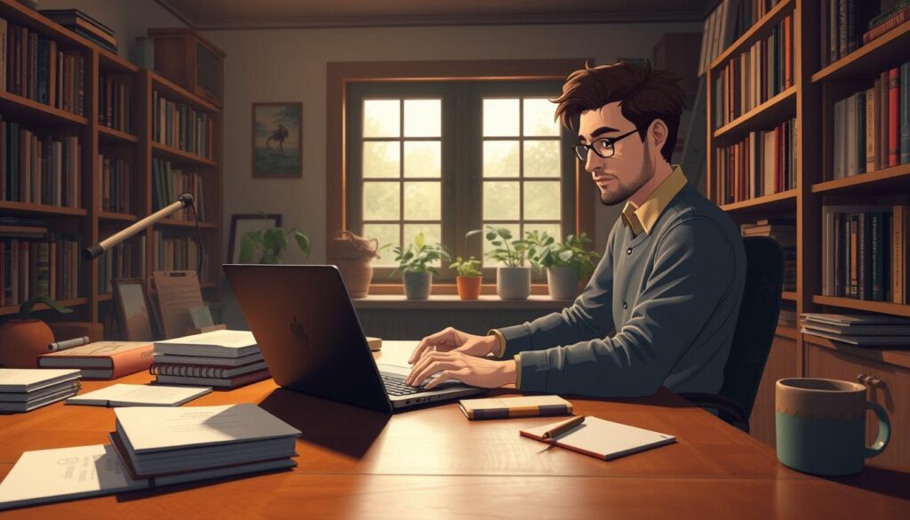 A cozy, well-lit home office with a large wooden desk, a laptop, and a stack of notebooks. A character, dressed in casual attire, sitting intently at the desk, typing on the keyboard and taking notes. Bookshelves line the walls, filled with various titles related to storytelling and game design. Warm, muted lighting casts a gentle glow, creating a focused and productive atmosphere. Potted plants and a mug of steaming coffee or tea add personal touches. The character's expression conveys deep thought and creativity as they navigate the process of crafting a compelling game narrative.