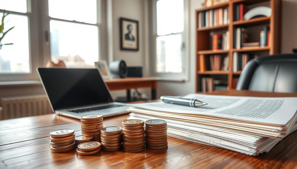 A cozy, well-lit home office with a wooden desk and a laptop computer. On the desk, a stack of papers and a pen representing the manuscript for a freelance writer. The foreground features a stack of coins and bills, symbolizing the writer's earnings. The middle ground shows a bookshelf with reference materials, and the background depicts a window overlooking a cityscape, suggesting the writer's connection to the urban environment. The overall atmosphere conveys the business and financial aspects of a freelance writing career.