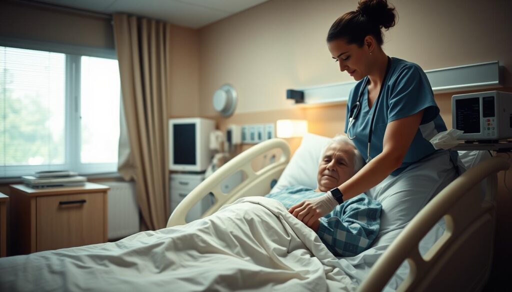 A cozy, well-lit hospital room with a senior patient resting comfortably in a hospital bed. A compassionate caregiver, dressed in scrubs, tenderly assists the patient, adjusting the bedding, checking vital signs, and offering a soothing touch. The room is filled with a sense of care and attention, reflecting the dedicated work of healthcare professionals. The scene captures the essence of the hands-on, personalized care that defines the role of a skilled nursing assistant.