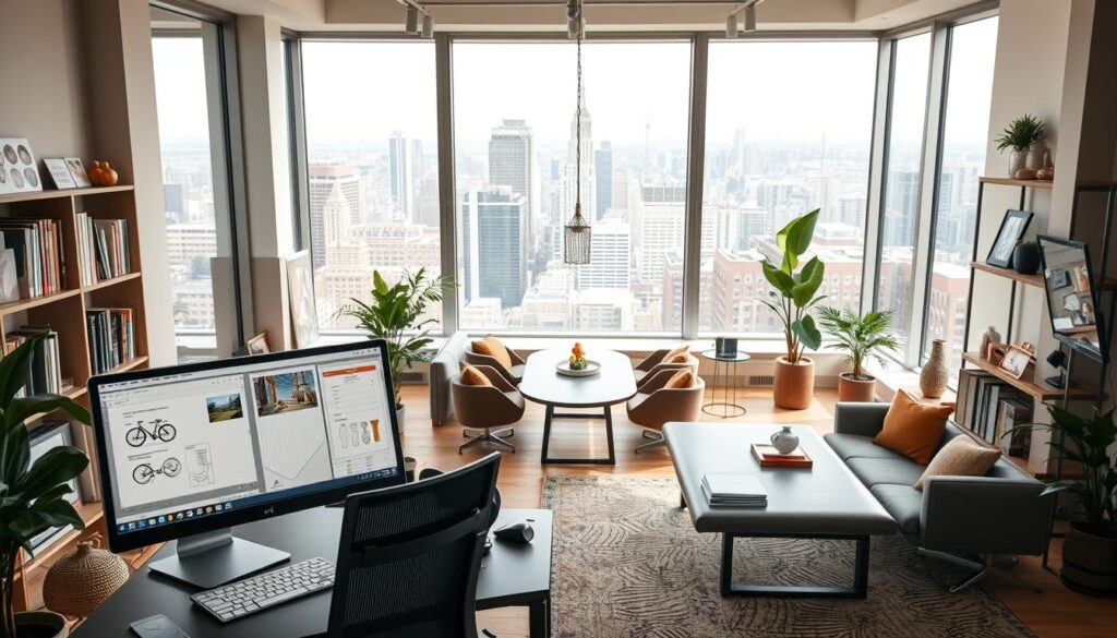 A cozy, well-lit interior design studio with large windows overlooking a bustling city skyline. In the foreground, a modern, ergonomic workstation with a sleek computer setup, design software open on the screen, and a tablet for sketching ideas. The middle ground features comfortable lounge seating, a large conference table, and shelves displaying inspirational design books and samples. The background showcases a warm, earthy color palette, plants, and art pieces that reflect the designer's aesthetic sensibilities. The overall atmosphere is focused, creative, and conducive to productive collaboration.