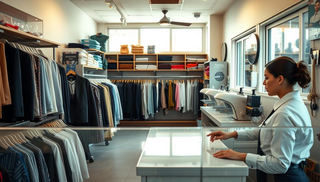 A cozy, well-lit interior of a small, independent dry cleaning shop. The storefront features large windows, allowing natural light to fill the space. In the foreground, an attendant in a crisp, pressed uniform attentively assists a customer at the counter, demonstrating their expertise. Shelves and racks of neatly organized clothing and accessories fill the middle ground, hinting at the shop's range of services. The background showcases a tidy workspace, with pressing machines and cleaning equipment visible, conveying a sense of professionalism and efficiency. The overall atmosphere radiates a combination of personalized service, attention to detail, and entrepreneurial spirit.
